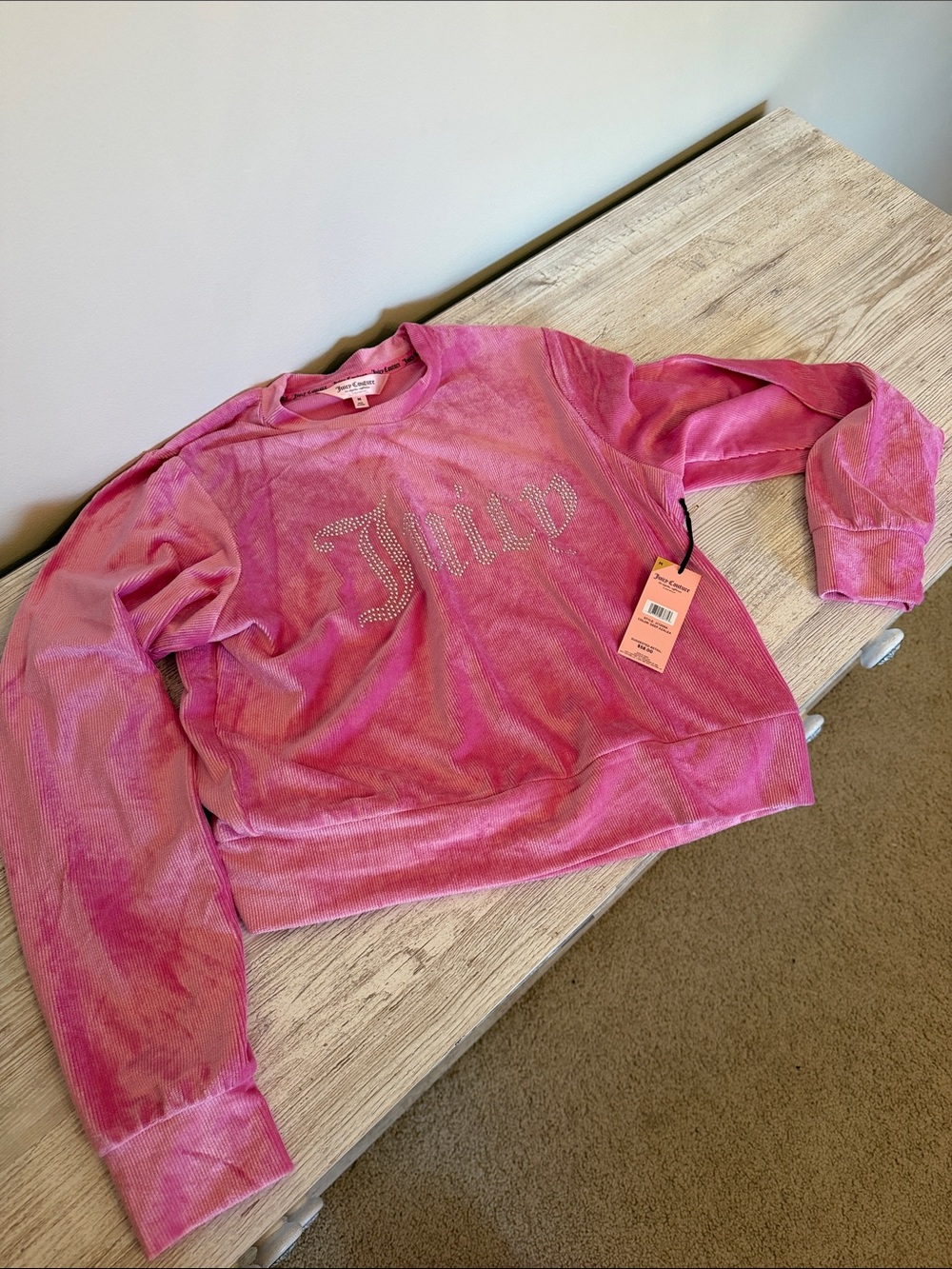 NWT Juicy Couture Hot Pink Crystal Logo Velour Crewneck Bling